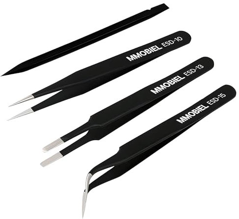 MMOBIEL 3x Pinzas Industriales de Precisión ESD Anti-Estáticas de Acero Inoxidable para Electrónica, Joyería, Ordenadores, Trabajos de Laboratorio, Manualidades y Hobbies – Incl. Planca de plástico