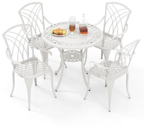 COSTWAY Ensemble Bistrot pour Patio 5 Pièces en Fonte d'Aluminium, Table Ronde avec Trou pour Parasol et 4 Chaises, Salon de Jardin Résistant aux Intempéries pour Jardin Terrasse, Blanc (Modèle 2)