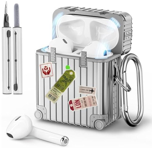VISOOM Kompatibel mit Airpods Hülle mit Reinigungsset Cute Apple Airpods 2nd & 1st Generation Case Cover, Voller Schutz Weiches TPU Suitcase Schutzhülle mit karabiner[Front-LED Sichtbar],Silber