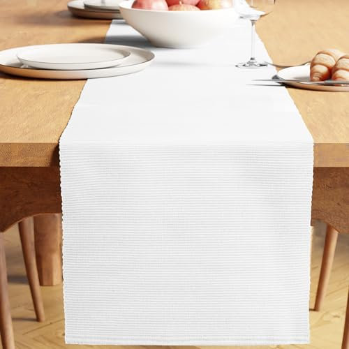 Encasa XO Tischläufer | Garngefärbte Feinripp-Baumwolle | Größe 32x150 cm | Weiss | Maschinenwaschbar