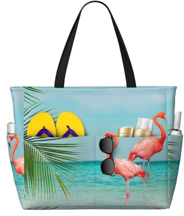 Zhengjia Flamingo In Water Sac de voyage de plage de grande capacité, sac fourre-tout imperméable avec fermeture éclair et poche, sacs fourre-tout pour voyage, shopping, piscine, Flamant rose dans