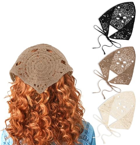 simarro 3 Stück Dreieck Kopftücher, Boho Gehäkeltes Bandanas Dreiecks-Haarband für Damen, Einfarbig Haarbänder Dekoratives Stirnband Sommer-Kopftuch Mode-Stirnbänder für Frauen und Mädchen