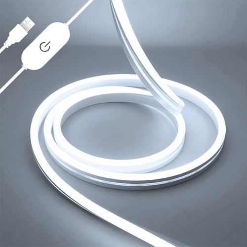 iNextStation Tira LED Neon Flex Blanco Frío, 2M USB Luces LED Habitacion, Impermeable IP65 Silicon Regulable Luz de la Cuerda Neón para TV, Gabinete, Cocina y más