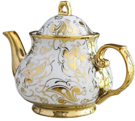 Luxuriöses Keramik-Kaffeetassen-Set mit Goldrand, europäisches kreatives Teeservice mit Untertasse und Löffel, englische Kaffeetasse und Tellerhalter (Goldene Blumen-Teekanne)