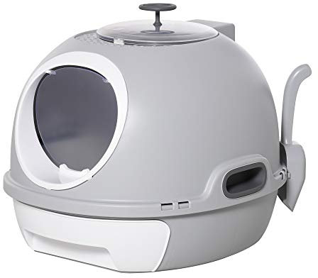 PawHut Caja de Arena para Gatos Arenero Cubierto con Cajón Arenero Cerrado para Gatos con Claraboya Abatible Bandeja Extraíble y Pala 47x55x44 cm Gris
