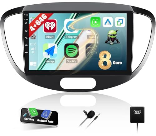 CAMECHO 4+64GB 8 Core Android 15 Autoradio für Hyundai I10 2007-2013 mit Navi Carplay Android Auto Wireless, Doppel Din Radio mit 9 Zoll Bildschirm,Mirror Link RDS/FM Bluetooth 5.0+DSP