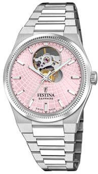 Festina Swiss Made Uhr Automatik Damen aus Edelstahl 316l Silberfarben | Widerstandsfähiges Saphirglas, Wasserdicht 10 ATM F20054/2, Automatic