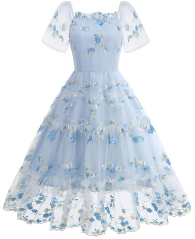 duxyoz Dresses for Women UK Lace Mesh Cocktail Party Dress Elegant Off Shoulder Short Sleeve A Line Dress 50s 60s Vintage Swing Rockabilly Dress Vintage Prom Dress Embroidery Mini Dress 07Blue S