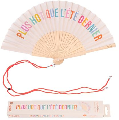 Fisura – Original Folding Handheld Fan with Fun Message plus h*t, Wooden Folding Fan for women, Beige Design with Hanger for Wedding, rave, festival - Size: 42.5 x 23 cm