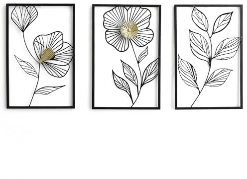 FJSPERM Schwarze Metall Blume Wanddeko 3er-Set Moderne Wandornament Heimdekoration, Abstrakte Metallbilder Wanddeko Dekorationen für Wohnzimmer Schlafzimmer Küche