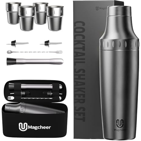 Magcheer Cocktail Shaker Set mit Stapelbaren Bechern 900ml Premium Edelstahl Frostsicherer Doppelwand-Barkeeper Set Geschenkset mit Aufbewahrungsbox für Anfänger und Barkeeper(Grau)