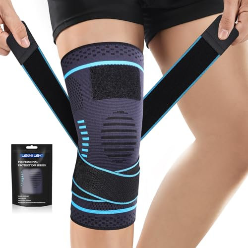 Knee Support with Strap for Women Men, Adjustable Knee Brace for Knee Pain Relief, ACL, MCL, Joint Pain, Meniscus Tear, Knee Compression Sleeves for Running, Sports, Walking, Gym(Grey Blue, L)