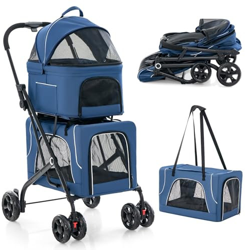 COSTWAY Double Couche Poussette Chien Chat, Poussette 3-en-1 Pliable pour 2 Animaux, 2 Cages Détachables, Ceinture de Sécurité, Poches Latérales, Oxford Respirant, Coussins Amovibles (Bleu,Style 10)