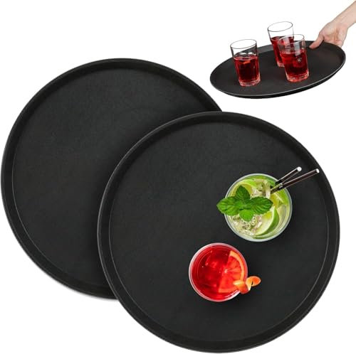 Set de Bandejas para Servir Camareros, Bar, Gastro, Redondas 40cm Ø, Gastronomía, Tabla Servir, Revestimiento Antideslizante Borde Alto (2X Color Negro)