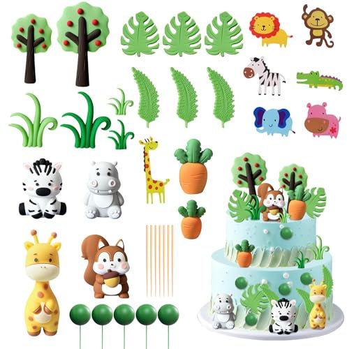 UBERMing 30 Stück Tortendeko Tiere Cake Topper, Kuchendeko Geburtstag Waldtiere Giraffe Eichhörnchen Zebra Nilpferd Figuren Dschungel Torten Deko, Kuchendekoration für Kindergeburtstag Babyparty