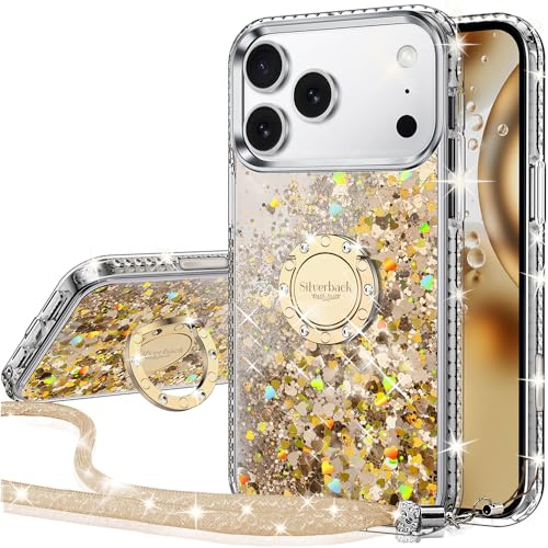 Silverback für iPhone 17 Pro Max Hülle, Glitzer Handyhülle mit Ring & Band | Gold,Silikon Flüssigkeit Clear Case, Treibsand Schutzhülle für Mädchen