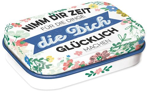 Nostalgic-Art Retro Pillendose, 4 x 6 x 1,6 cm, Nimm Dir Zeit – Geschenk-Idee mit Spruch, mit Pfefferminz-Dragees, Vintage Design
