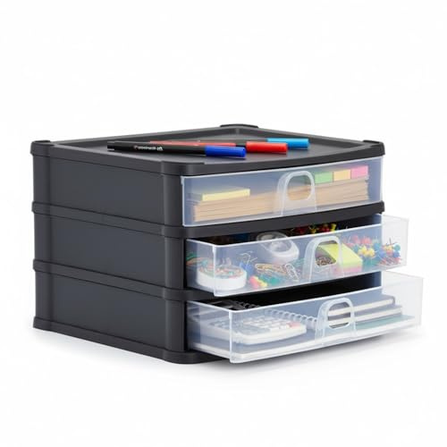 AOC24 Plastic A4 Drawer Unit – Medium 3 Shallow Drawers, Slimline Desktop Storage Tower, Tabletop Organiser for Papers & Stationery, Space-Saving Storage Drawer for Home Office – Black/Clear