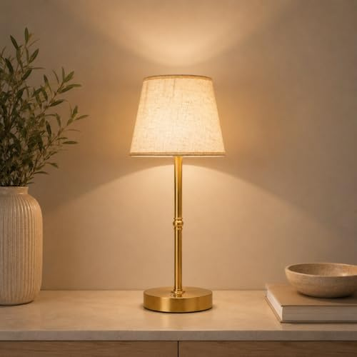 Rechargeable Table Lamp, 6000mAh Cordless Table Lamp with USB-C, Battery Operated Lamp Touch Control Stepless Dimmable, Small Gold Fabric Wireless Lamp for Kitchen Counter, Bedroom, Living Room