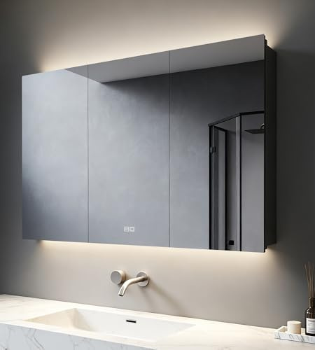 SVNR Spiegelschrank Bad mit Beleuchtung 100x60x13cm, LED 3 Türen Schwarz | Antibeschlag, RGB-Licht 3000K-6000K Dimmbar, Touch-Steuerung, Steckdose,Edelstahl, Verstellbare Regale