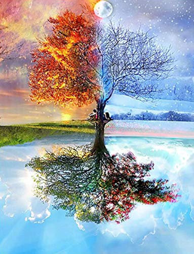 Arbre des Quatre Saisons,DIY 5D Diamant Peinture Point De Croix Broderie Kit Diamond Painting pour Le Décor de Mur à La Maison(14 * 18in/36 * 46cm)