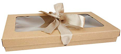 Emartbuy Pack of 12 Rectangle Shaped Presentation Gift Box, 21 cm x 12.5 cm x 2.5 cm, Brown Kraft Box with Clear Lid and Satin Ribbon
