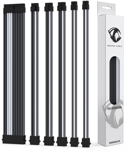 Reaper Cable Sleeved PSU Extension Set - Power Supply Extensions - 1x 24 Pin/ 2x 8 Pin/ 2x 6 Pin/ 1x 4+4 Pin - With Combs - 30cm (Carbon & White)