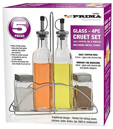 Prima Kitchenware 5pcs Glass Cruet Set Oil Vinegar Drizzlier Salt Pepper Jars Pots Chrome Stand with Stand