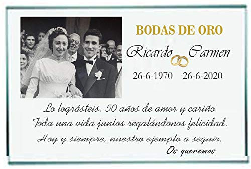 Curia Grabador - Placa de Homenaje de Cristal 50 Aniversario Personalizada a Todo Color - Placa Conmemorativa Bodas de Oro - Incluye Estuche de Presentación, Cristal
