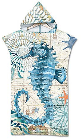 Treer Badeponcho Strand Poncho Strandtücher Handtuch Poncho mit Kapuze Schnelltrockend Bade Bademantel Baseball Badetuch Duschtücher Für Umziehhilfe Beim Wassersport (75x110cm,Seepferdchen)