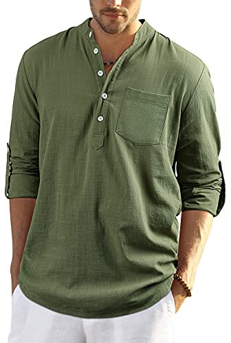 Enlision Mens T Shirt Cotton Linen Autumn Long Sleeve Collarless Grandad Button Down Causal ArmyGreen Henley Yoga Top M