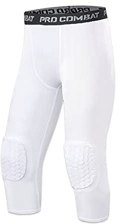 SS COLOR FISH Men’s Basketball Leggings with Knee Pads 3/4 Compression Tights Pants Sports Athletic Baselayer, White, Large