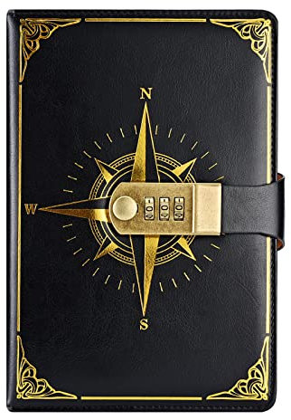 NectaRoy Carnet de Voyage, Carnet de Note avec serrure, Journal intime avec Code(Modèle de Boussole), Carnet Secret fille pour Bureau Scolaires Étudiant Papeterie Cadeau D'anniversaire, 22x15cm