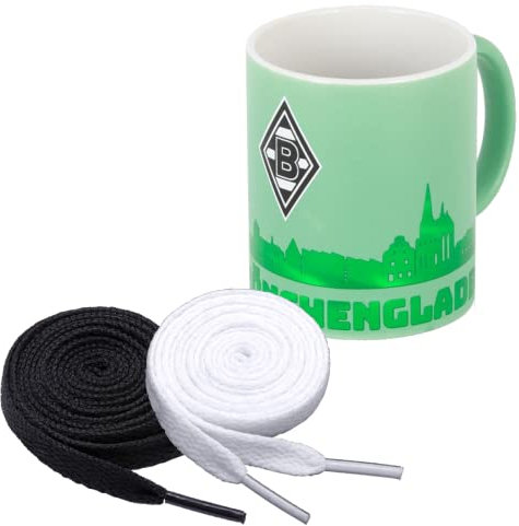 VfL Borussia Mönchengladbach BMG Tasse „Grün Metallic + 2 Paar Fan-Schnürsenkel