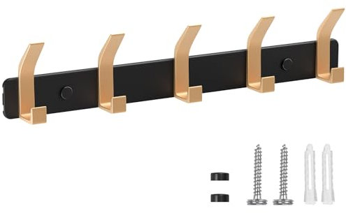 TENXSNUG Kleiderhaken Wand Garderobenleiste, Rostfrei Hakenleiste Garderobe Garderobenhaken Wandhaken mit 5 Haken, Wandgarderobe Gaderobenhakenleiste Jackenhalter für Küche, Schwarz + Gold