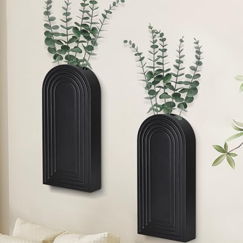 Uipame Wall Planter for Indoor Plants, Black Wall Decor for Living Room, Bathroom, Wood Wall Vases for Decor Dried Flowers and Faux Greenery, Set of 2 Modern Farmhouse Decor Hanging Planter