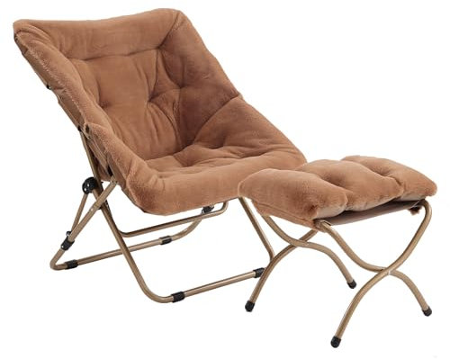 Tiita Saucer Chair with Ottoman, Soft Faux Fur Oversized Folding Accent Chair,Lounge Lazy Chair, Metal Frame Moon Chair for Bedroom, Living Room, Dorm Rooms, Garden and Courtyard