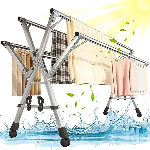 YSUEFIJO Etendoir a Linge Interieur Exterieur Retractable Pliant, Clothes Rack a Roulette Extensible, Sechoir a Linge Acier Inoxydable 5 Canne avec Crochets Coupe-Vent, étagère à Chaussures (240cm)
