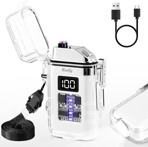 Bistfy Feuerzeug Elektrisch mit Digitaler Bildschirm, USB Feuerzeug Wiederaufladbar Dual Arc Flammenlos Plasma Feuerzeug, Wasserdicht & Winddicht Feuerzeug für Camping Wandern Outdoor Survival Kits