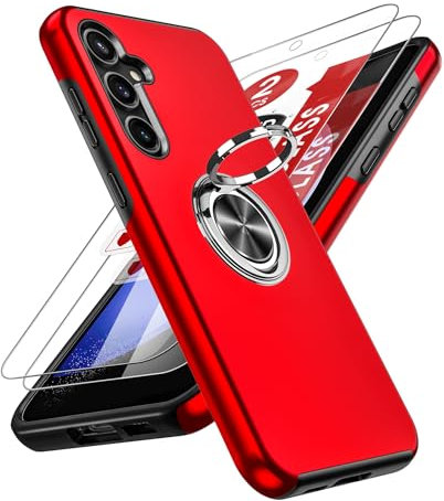 LeYi Funda para Samsung Galaxy S23 Fe con [2-Unidades] Cristal Templado, Armor Carcasa con 360 Grados Metálico Anillo Hard PC Silicona Bumper Antigolpes Case, Rojo