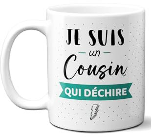 DECOHO - Mug Cousin qui Déchire - Tasse céramique blanche 325 ml - Design humoristique et affectueux - Fabrication française, compatible - Blanc