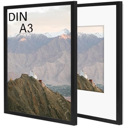 RUN HELIX Bilderrahmen A3 29,7x42 cm 2er Set, Bilderrahmen din A3 für A3/A4-Druck, A3 Rahmen aus Holz mit Weiße Passepartouts, Bilderrahmen A3 mit, Wertvolle Erinnerungen Bewahren! (Schwarz)