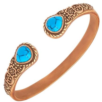 JEROOT Damen Kupferarmband, reines Kupfer, magnetisches Armband mit 6 leistungsstarken Magneten Vintage-Blume Kupferarmband mit 2 türkis