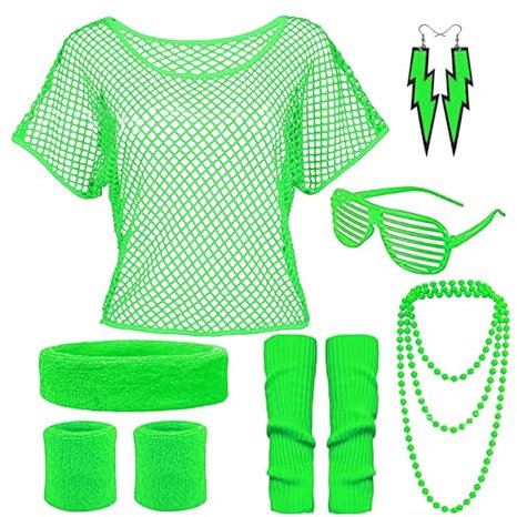 80er Jahre Kostüm Damen, Stirnban, Beinwärmer, Armbänder, Brille, Halskette, Netzoberteil Accessoire Off Shoulder Netzshirt, 90er 80er Jahre Outfit, 80iger Schlagerparty, Bad Taste Frauen Neon Party