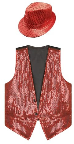 Aiihoo Damen Herren Pailletten Weste Glitzer Anzugsweste mit Hut Ärmellos V-Ausschnitt Jacke Hemd Karnevalskostüm Hiphop Jazz Tanz Kostüm Rot M