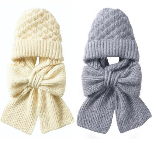 Solutra Kapuzenschal Damen Mützenschal, 2 in 1 Mütze Schal Set Damen Mütze Winter, Integrierter Winddichte Verdickter Warmer Strickmütze kaputzenschal für Frauen (Beige+Grau)