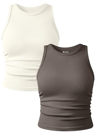 OQQ Women's 2 Piece Tank Tops Crew Neck Sleeveless Basic Stretch Casusal Yoga Crop Camis Tea Leaf Beige