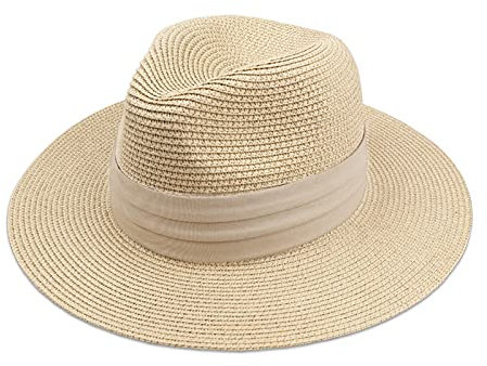 DRESHOW Damen Panama Hut Breiter Krempe Stroh Sommer Fedora Strohhut Panama Aufrollen Hut Strand Rollbar UV Sonnenhut UPF 50 +