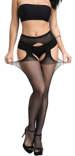 wimony High Waist Crotchless Sexy Fishnet Tights Women's Pantyhose,Open Gusset Tights Mock Suspender Tights for Women,for Daily Outfits and Stage Costumes,Black, One size