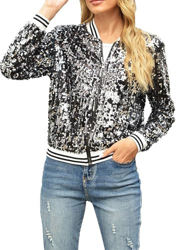 Jacke Damen Pailletten Gold Damen Metallic Bikerjacke Blazer mit Glitzer Langarm Bomberjacke Langarm Party Club Offen Glitzer Cardigan Metallic Jacket Reißverschluss Fliegenjacke